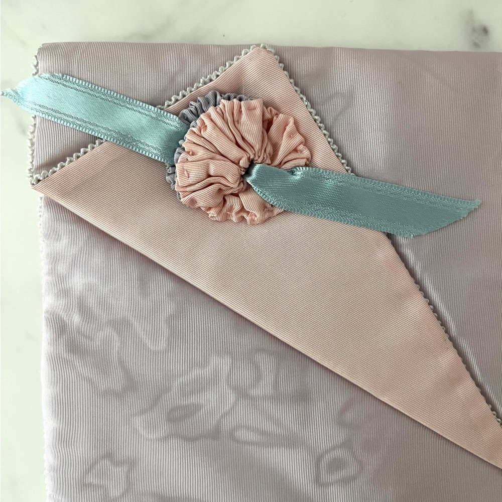 Vintage Lavender Satin Moiré Lingerie Case with Pink & Blue Ribbon Rosettes